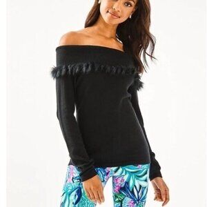 Lilly Pulitzer Women's Alira Off-The-Shoulder Sweater with Fur Trim in Black XL